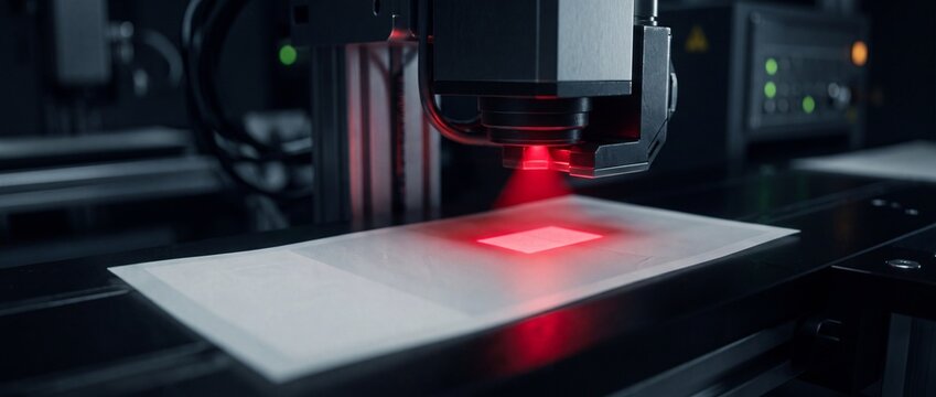 Laser machine emits bright red beam onto surface to etch high resolution details on industrial component for precision manufacturing applications