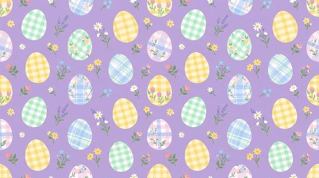 Seamless Spring Easter Pattern Featuring Plaid Decorative Eggs and Petite Floral Motifs on Lavender Surface easter pattern seamless egg plaid gingham floral flower spring purple lavender violet