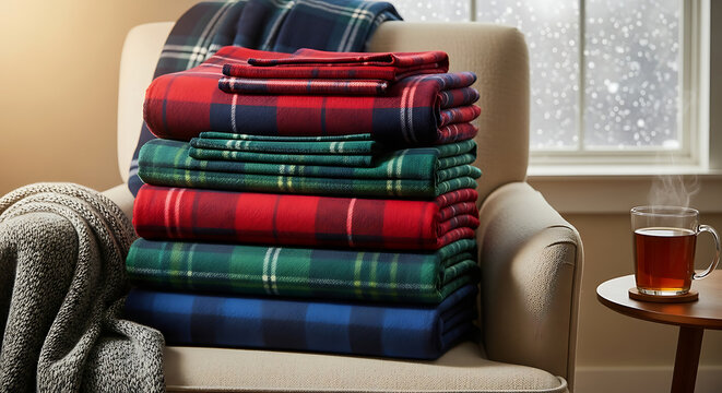 Colorful books and cozy blankets on couch