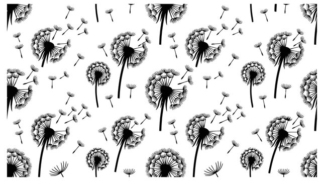 dandelion seamless pattern with blowing dandelion seeds creating a spring floral background in black and white nature design