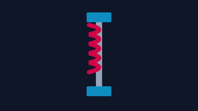 Abstract 3 d animation of a red coil spring compressing and expanding on a metal rod, minimalist motion 4k