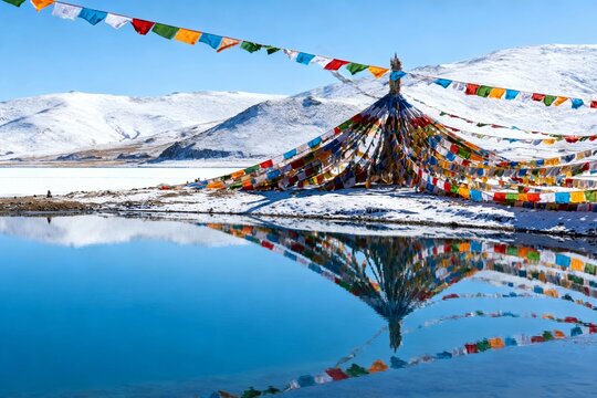 Colorful prayer flags reflect in a calm lake near snow-covered mountains