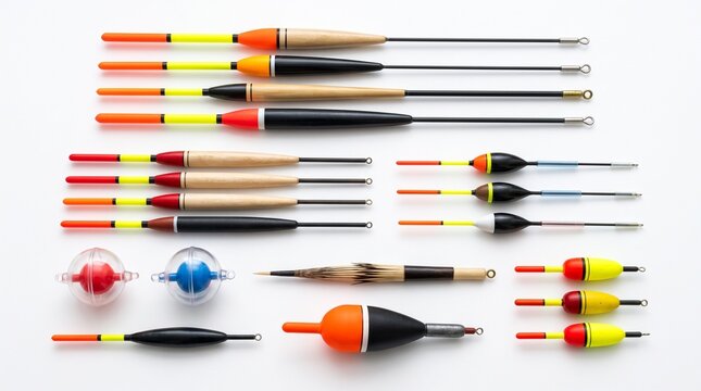 A varied collection of colorful wooden and plastic fishing floats and bobbers arranged on a clean white background