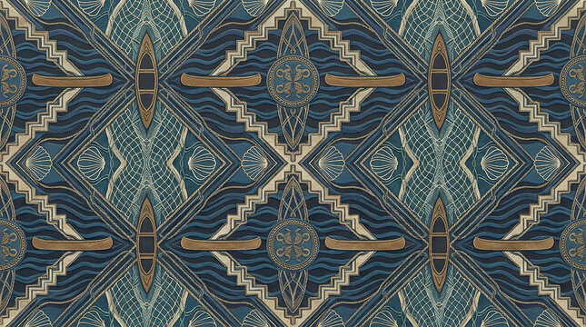 Nautical art deco pattern with canoes and compass elements in blue and gold.