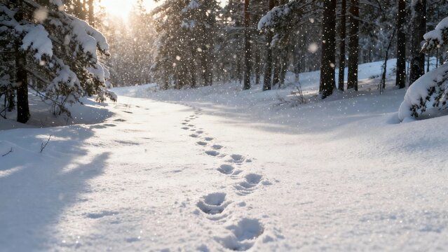 Snow-covered forest path with footprints leading into the distance during a sunny winter day