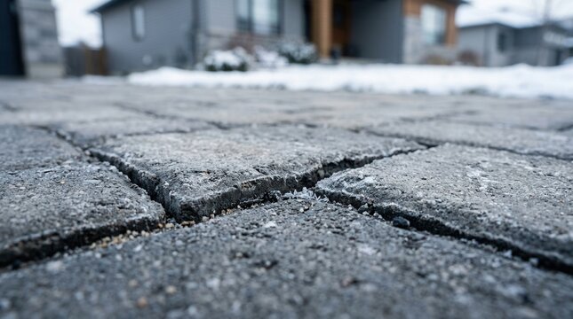 Uneven interlocking stone driveway pavers with minor settlement damage in a winter setting