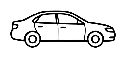 Naklejka premium Minimalist black and white vector icon of a modern sedan car from a side profile view, featuring clean lines and a simple outline design perfect for automotive branding and transportation graphics.
