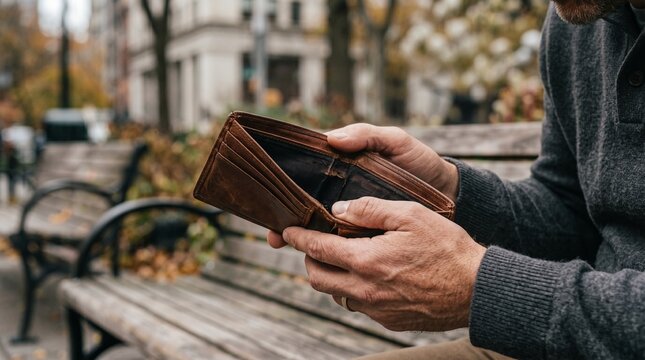 A man sitting on a park bench holding an empty brown leather wallet, looking concerned about his financial situation.