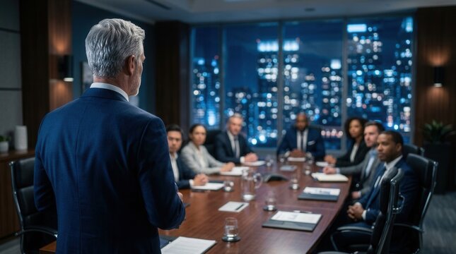 Sleek conference room setting for a governance meeting with diverse board members focusing on transparency initiatives, anti-corruption measures, and ethical policies.