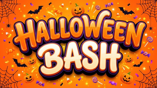 Colorful Halloween Bash Banner with Spooky Elements and Festive Text