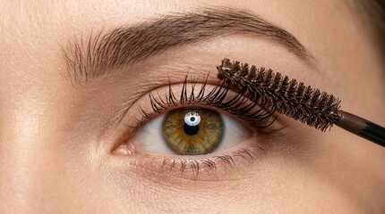 Naklejka premium Natural skin texture shown in a close up detail of a young woman applying mascara to her eyelashes with a brush.