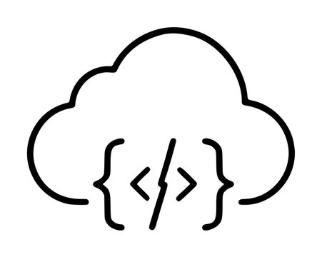 Minimalist cloud computing vector icon illustration showcasing programming code symbols with curly braces and angle brackets featuring a lightning bolt for serverless functions and web development.