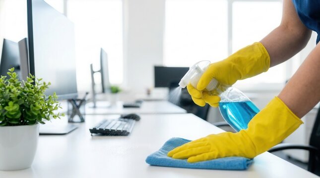 Workplace hygiene and facility maintenance as a gloved janitor sprays disinfectant on an office desk.