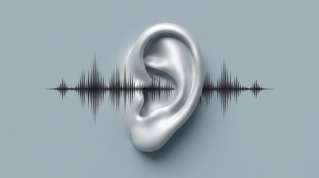 Auditory diagnosis, hearing screening, and cochlear implant evaluation illustrated via a stylized ear and sound waveform.