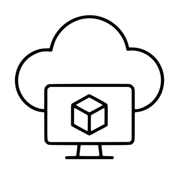 Minimalist cloud computing and virtual machine vector icon illustration showcasing a computer monitor with a 3D cube on the screen against a cloud background for network and data storage concepts.