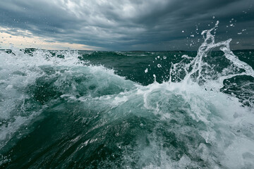 Obraz premium Powerful Ocean Waves Crashing Under a Dramatic Cloudy Sky