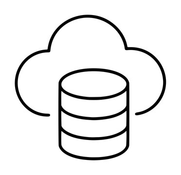 Minimalist vector icon of a cloud storage database volume, featuring a clean outline of a cloud with a cylindrical data server in front, perfect for technology, networking, and web design projects.