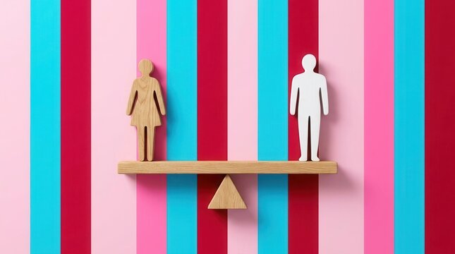 Balanced wooden figures of a man and woman on a scale over pink and blue background for gender equality concept