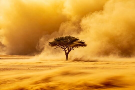 Solitary tree standing in a desert during a powerful sandstorm with swirling golden dust and dramatic lighting
