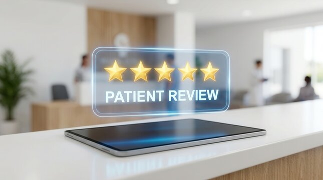 Healthcare customer satisfaction feedback concept with a holographic five star rating for patient review on a tablet in a medical clinic.