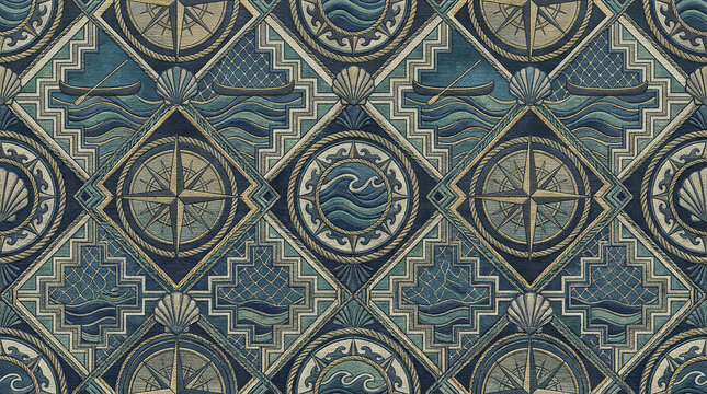 Nautical repeating pattern with compasses and ocean waves in teal and navy.