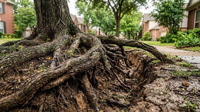 Soil erosion and an exposed tree root beside a house, illustrating urban property vulnerability, foundation hazard, and risk assessment.