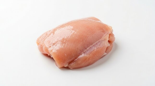 Isolated raw boneless skinless chicken thigh positioned on a white background