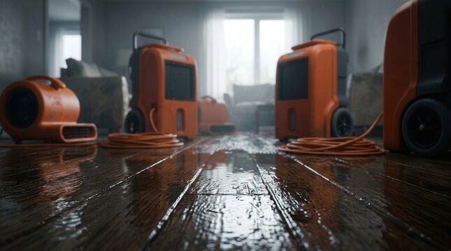 Standing water on a wooden floor in a flooded room during flood restoration and water damage repair using a dehumidifier.