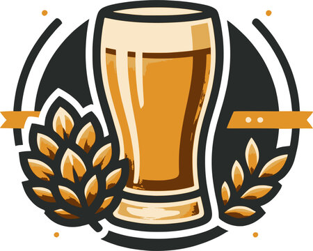 Craft beer emblem featuring a glass of golden ale and hops
