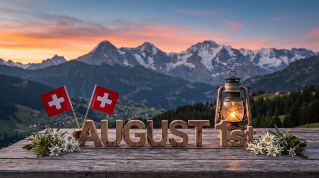 Swiss National Day celebration with flags, lantern, and 'August 1st' text against a stunning mountain sunset.