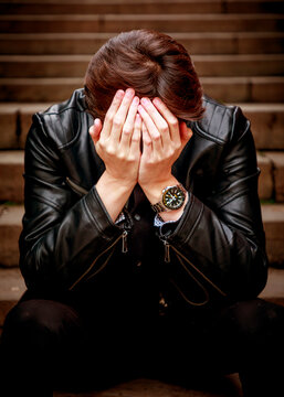 A young man wearing a leather jacket sits alone on a set of stairs with his face buried in his hands, conveying a powerful sense of deep distress, grief, or emotional overwhelm.