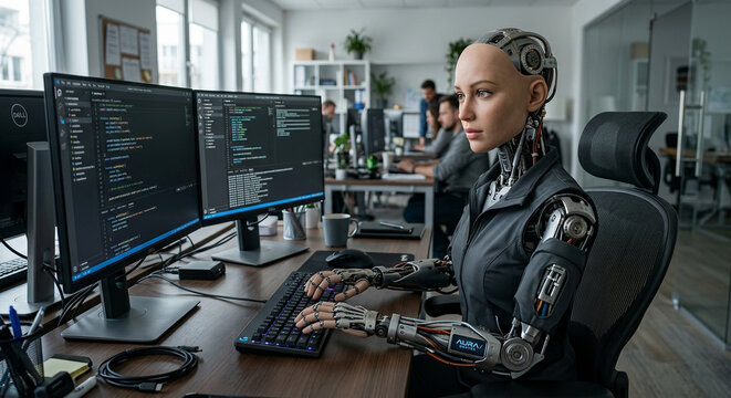 Realistic female AI humanoid robot sitting at a professional computer workstation and typing on a keyboard while working with dual monitors displaying programming code. Modern office environment.
