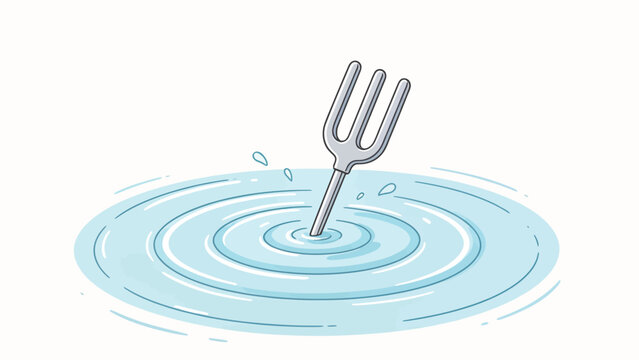 Cartoon silver trident plunged into water creating ripples and droplets, minimalist vector illustration style