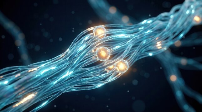 Signaling activity and electrode-like stimulation nodes in a closeup anatomical visualization of vagus nerve fiber for vagus nerve stimulation.