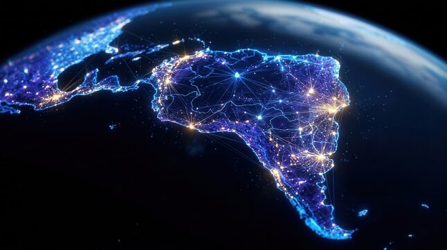 Technology infrastructure and glowing connectivity lines between urban centers depicted on a vibrant cyber map of Latin America with holographic effects