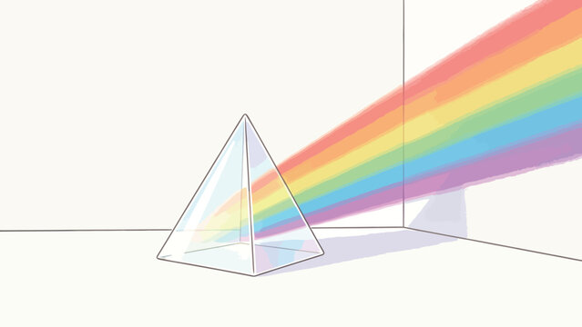Illustration of a clear glass pyramid prism refracting white light into a vibrant rainbow spectrum beam on a
