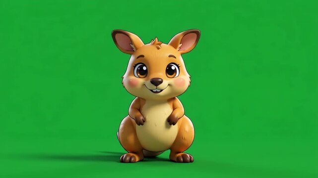 Cute cartoon baby kangaroo character with big eyes on a vibrant green screen background, perfect for animation and children's content.