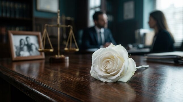 A white flower on a wooden table with a blurred family photo and scales of justice, evoking themes of legal grief and wrongful death accident claim.