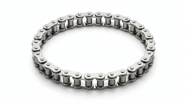 A silver metallic bicycle chain arranged in a circular shape on a white background.