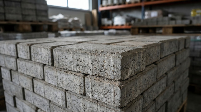 Stacked concrete blocks in an industrial warehouse setting, ready for construction use.