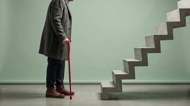 Person with Red Walking Cane Facing Steep Stairs, Daunting Barrier and Difficult Path Forward