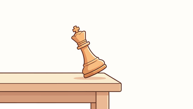 Tilted Wooden Chess King on Table Edge, Minimalist Cartoon Illustration with Clean Lines and Soft Beige Tones