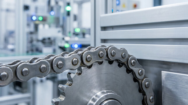 Close-up of a metal chain and sprocket in an industrial machine with a blurred factory background.