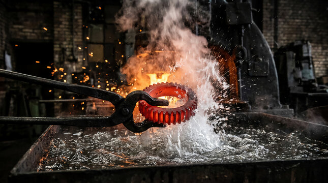 A glowing hot metal gear is being quenched in water, creating steam and sparks in an industrial forge setting.