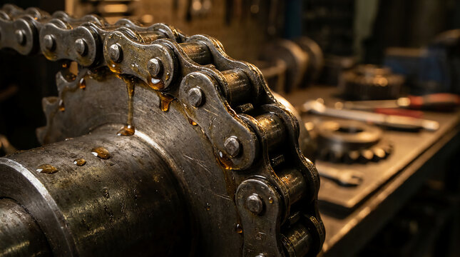 Close-up of a lubricated metal chain and sprocket mechanism in an industrial setting.