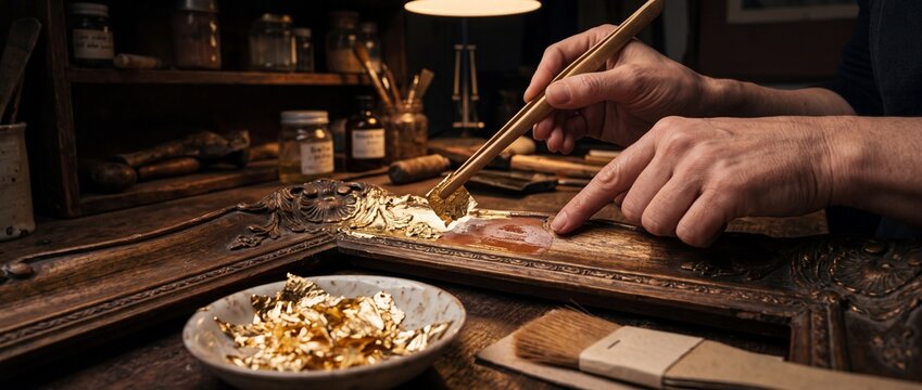 Gilder applies delicate gold leaf sheet to ornate wooden frame using specialized tweezers in classic interior framing workshop setting