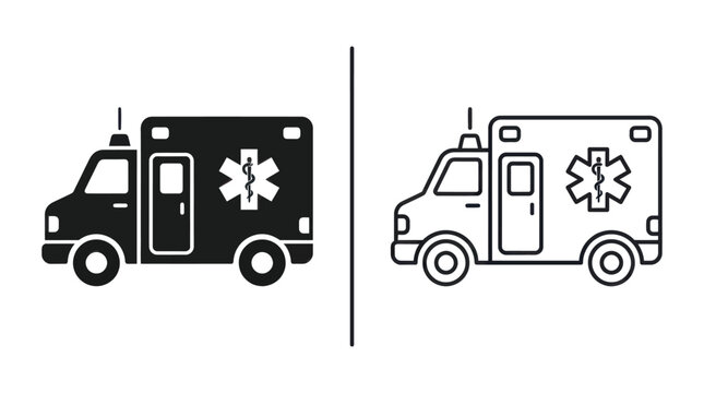 Set of ambulance vehicle icons in solid and outline style for emergency medical services.