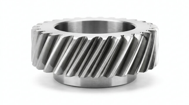 A close-up image of a shiny, silver, helical gear with angled teeth, designed for smooth mechanical motion transfer.