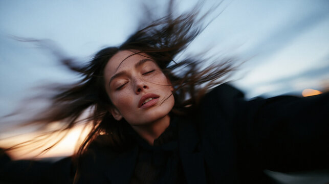 Young Woman Feeling Freedom with Hair Blowing in Wind