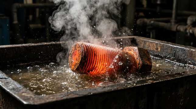 A large rusty bolt is being steam-cleaned in a metal container filled with water, releasing steam and water droplets.